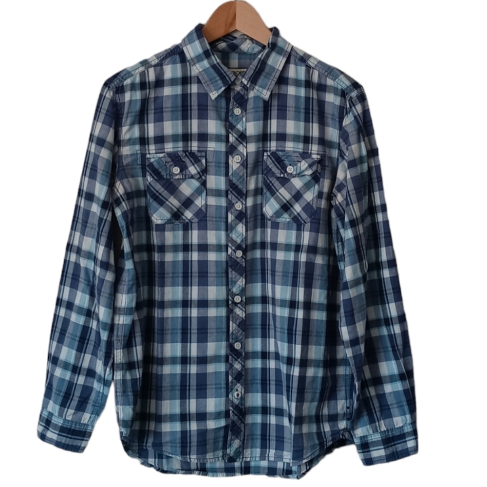 Cherokee Boys Plaid Long Sleeve Button-Down Shirt.Size XL(16 /18).Blue, White. - Picture 1 of 11